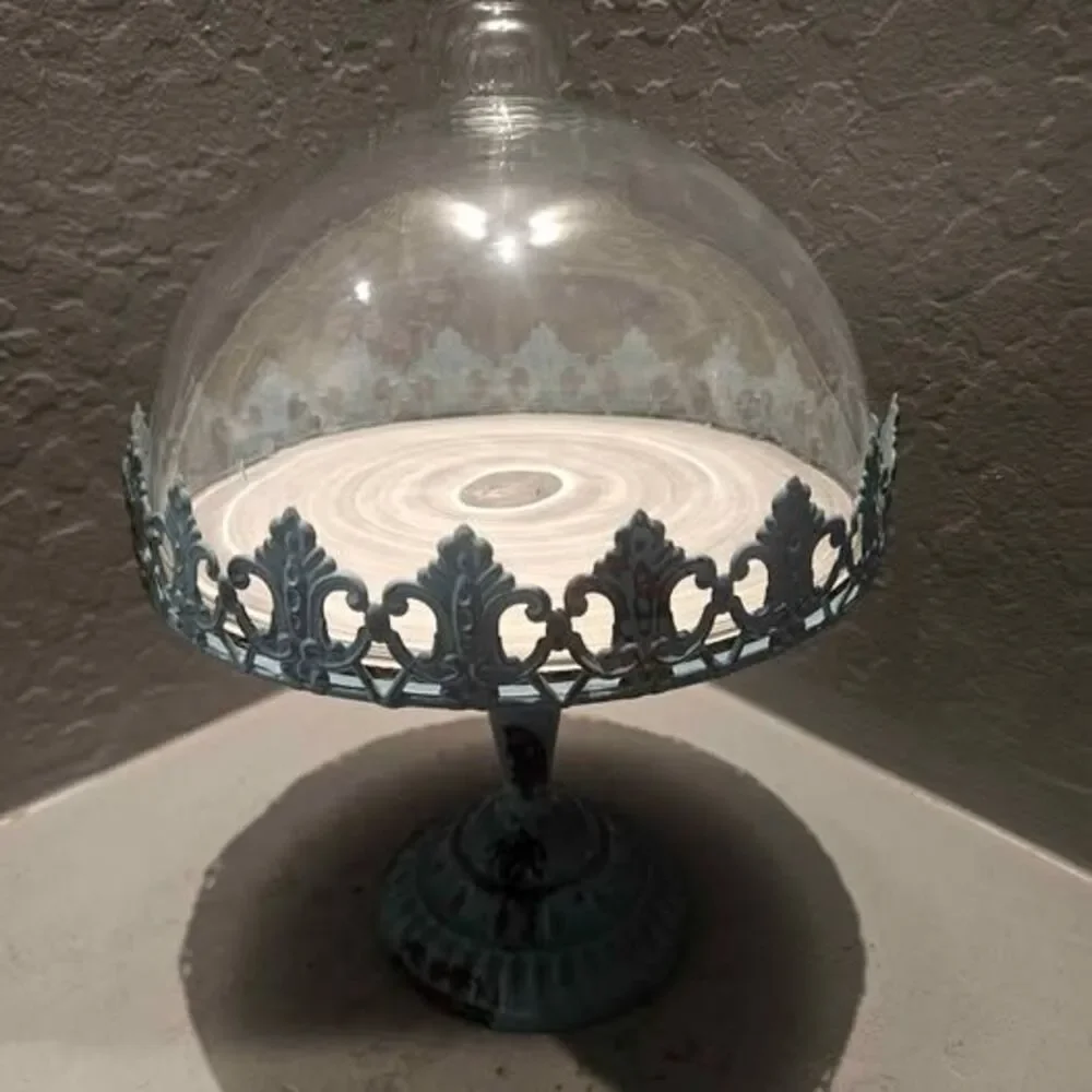 Shabby Chic Metal Cake Stand with Glass Cloche